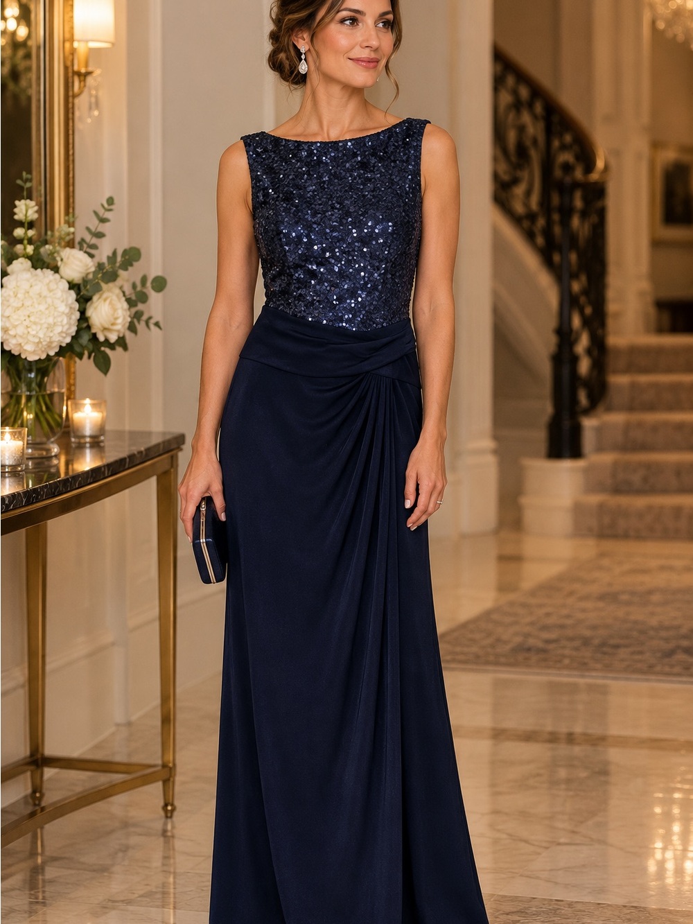 Lauren Ralph Lauren Evening Navy Sequin Bodice Formal Dress Wedding Guest